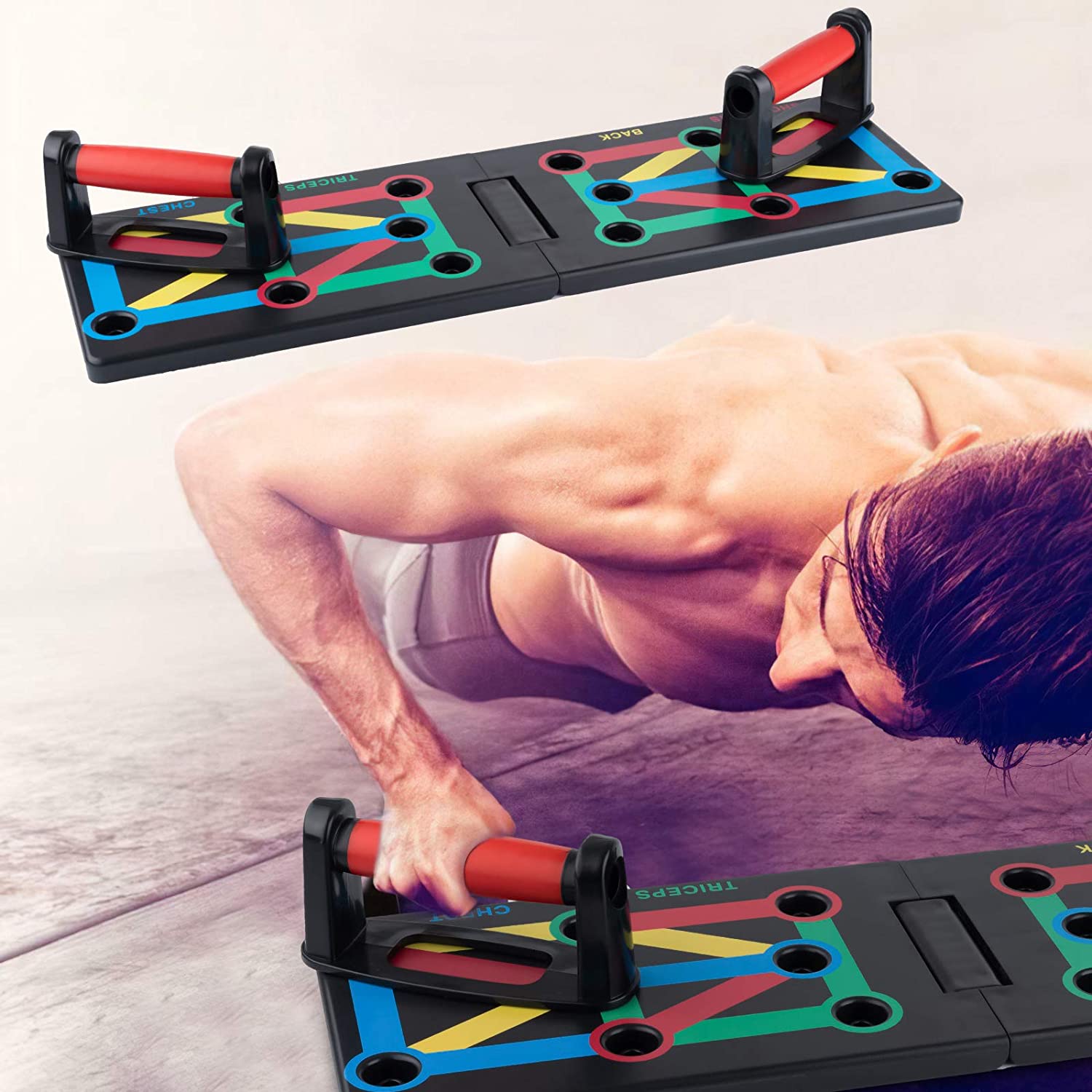 SmashPT uk : Foldable 12 In 1 Body Building Push Up Rack Board, Board can also stand folded, Colour-coded Power-press & Multi-function Push-up.