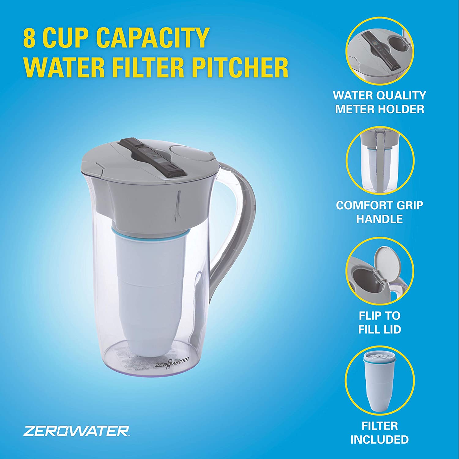 ZeroWater | 8 Cup Water Filter Jug .Water Quality Meter, 1.9 litres
